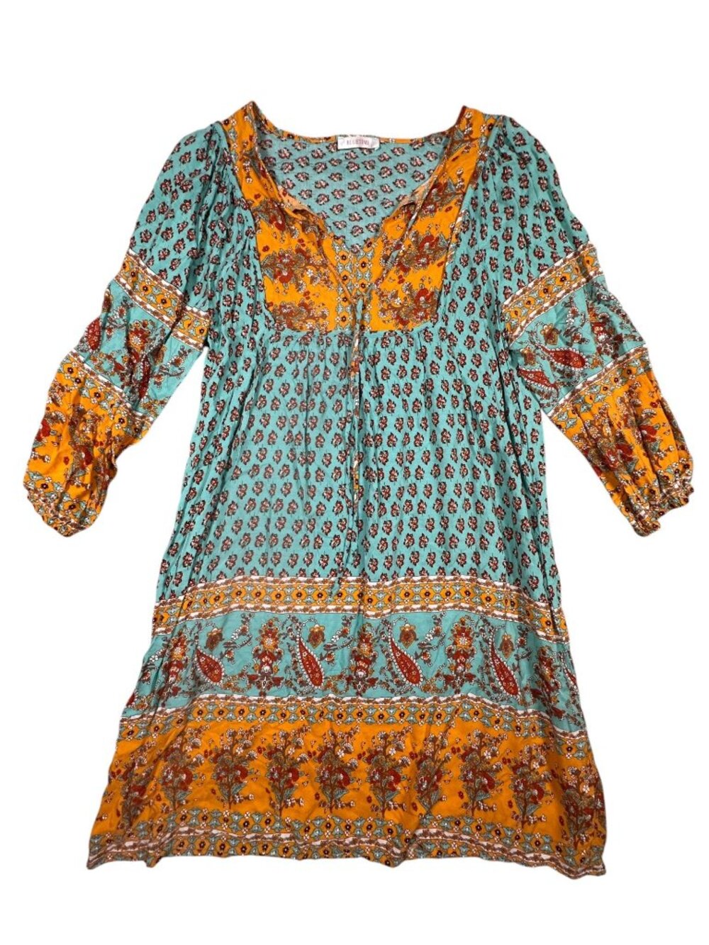 Bluetime Womens Boho Floral Tunic Dress 3/4 Sleeves V-Neckline Large Viscose - Picture 2 of 8